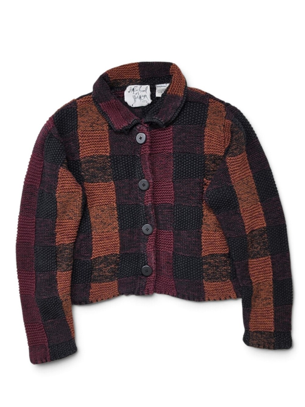 Michael Simon Patchwork Knit Button-Up Cardigan Earth Tone Button-Up Sweater